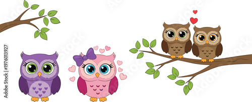 Cute Owl Couple Collection with Romantic Cartoon Birds on Tree Branches for Love Theme, Valentine Cards, and Nursery Design Projects