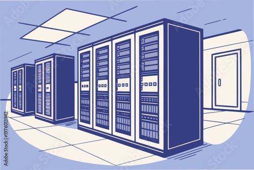 A vector graphic illustration of a row of server racks in a data center with a blue and white color scheme