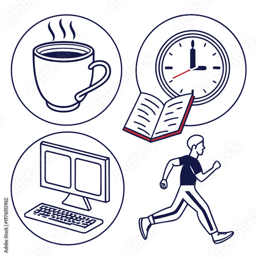 A vector graphic illustration of four icons representing daily activities such as coffee, reading, work, and exercise