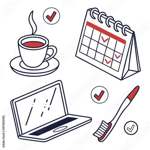 A vector graphic illustration of daily routine icons including a cup of coffee, calendar, laptop, and toothbrush with checkmarks