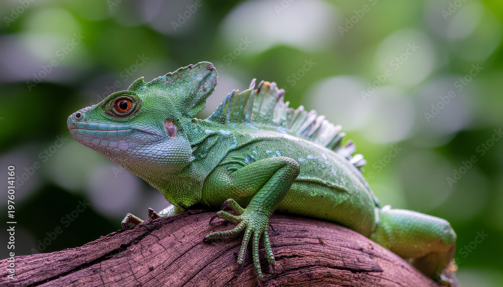 Fototapeta premium Tropical Green Lizard Resting on Tree Branch with Blurred Background