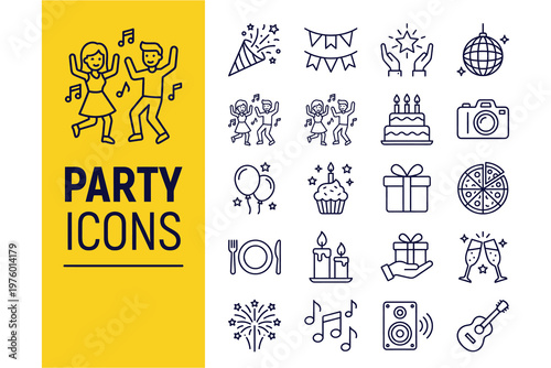 Vibrant party celebration icons set featuring dancing figures, confetti bursts, cake slices, and musical instruments on bright yellow background