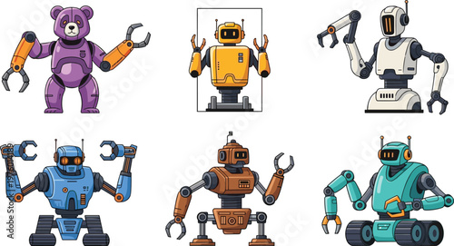 Cute Robot Character Collection with Futuristic Toy Bots and Mechanical Cartoon Designs for Kids Technology, AI Concepts, and Sci Fi Illustrations