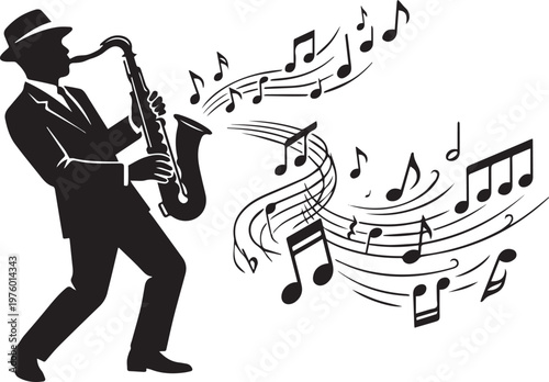 Black and white illustration of jazz musician in hat playing saxophone with flowing musical notes symbolizing rhythm creativity and live performance