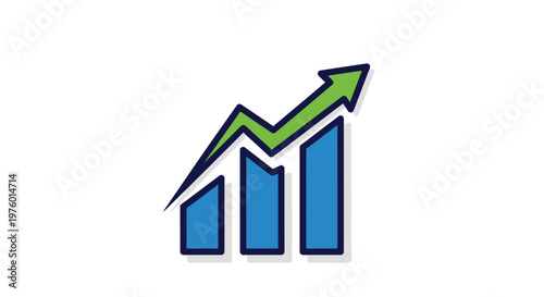 Green and Blue Bar Chart Showing Upward Trend with Arrow on Isolated White Background