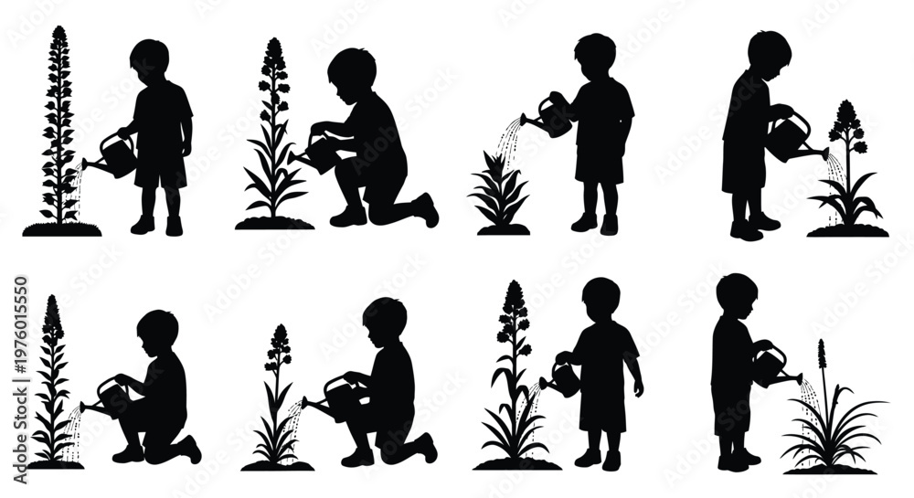 Obraz premium Children watering plants a series of silhouettes depicting growth and nurturing