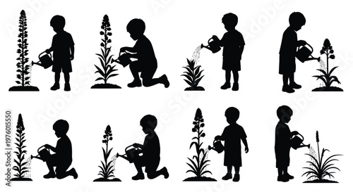 Children watering plants a series of silhouettes depicting growth and nurturing