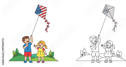 Cute Kids Flying American Flag Kite for 4th of July, Cartoon Vector and Coloring Page Illustration for Independence Day Celebration.