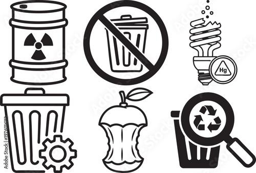 Minimal Line Art Icon Set of Waste Management, Recycling, Radioactive Barrel, Trash Can, Prohibited Sign, Light Bulb, Mercury, Gear and Rotten Apple Symbols
