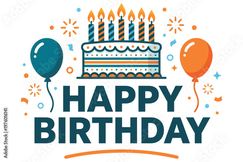 Joyful birthday celebration illustration featuring multi-layered cake with lit candles, vibrant balloons, and confetti bursts in cheerful flat design style