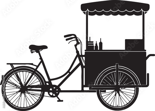 Black bicycle food cart, vector food truck, bike vendor, street food