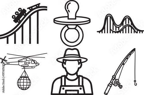 Black Line Icon Set Featuring Roller Coaster, Pacifier, Man, Helicopter, Fishing Rod, Disco Ball and Clothing Vector Collection