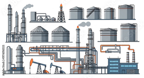 Oil Refinery and Industrial Plant Illustration with Tanks and Towers.