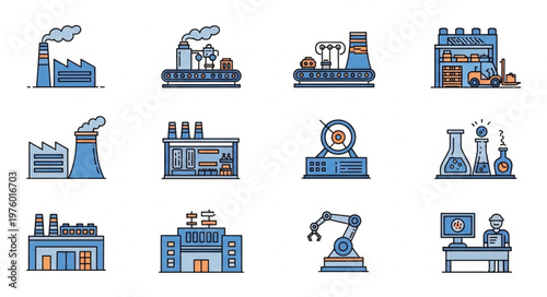 Collection of Industrial Factory and Manufacturing Plant Icons.