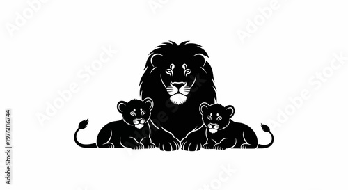 Majestic lion with two cubs black silhouette graphic illustration.