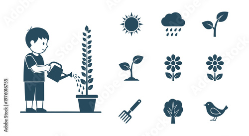 A young boy waters a plant with icons representing growth and nature
