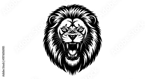 Roaring Lion Head Black and White Illustration.
