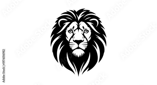 Majestic lion head with powerful mane in black and white.