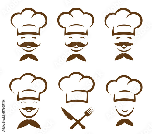 Restaurant set icons with smiling face man cook with chef hat