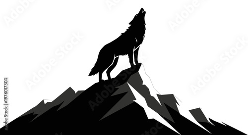 Majestic wolf howling on a mountain peak at night.