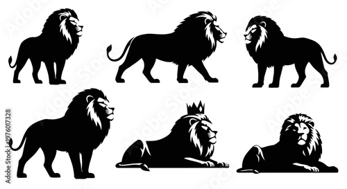 Majestic Lion Silhouettes in Various Poses.