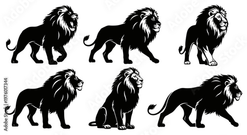 Majestic Lion Silhouettes in Various Poses.