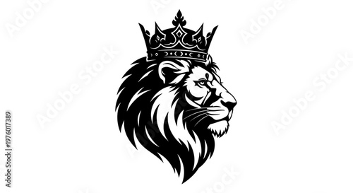 Majestic Lion King with Crown Black and White Illustration.