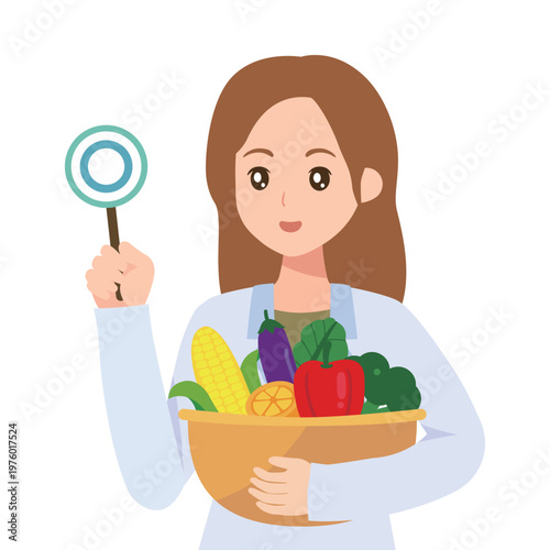 Nutritionist female character holding a bowl of fresh vegetables and showing a correct check mark sign for healthy diet concept.