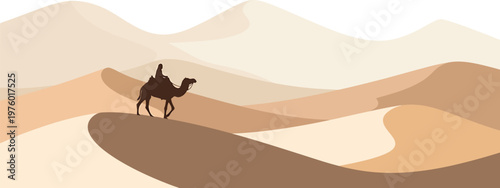 Desert landscape with camel and rider walking on sand dune, desert travel concept