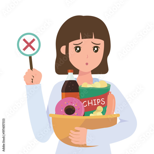 Nutritionist female character holding a bowl of junk food and showing a cross mark sign for unhealthy eating habits concept.