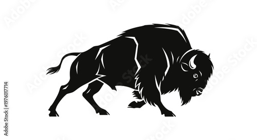 Powerful American Bison Silhouette on White Background.
