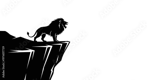 Majestic lion roaring atop a rugged cliff in a striking silhouette.
