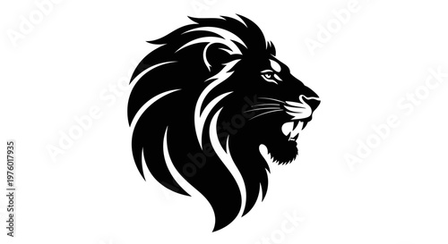 Powerful black lion head silhouette roaring with majestic mane.