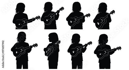 Silhouettes of children playing ukuleles in a repeating pattern against white