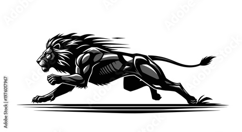 Powerful Black Lion Running Fast Vector Illustration.