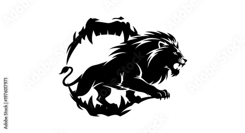 Powerful black lion roaring in a circular frame, a symbol of strength and wild nature.