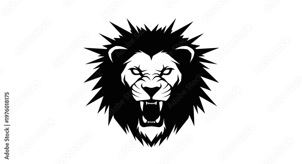 Fototapeta premium Roaring lion head with sharp mane in black and white.