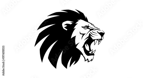 Roaring lion head with fierce expression and flowing mane, a powerful black and white graphic design.