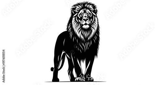 Majestic Lion Standing Tall Black and White Illustration.
