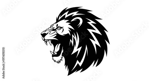 Powerful roaring lion head illustration in black and white.