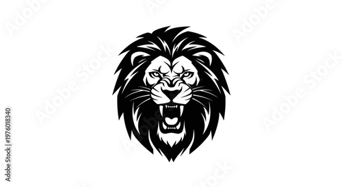 Powerful roaring lion head illustration in black and white style.