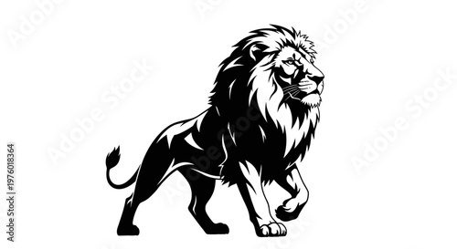 Majestic Lion Walking Proudly in Black and White Illustration.
