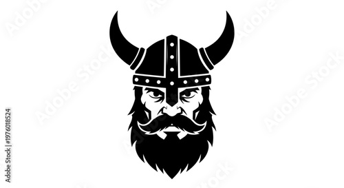 Powerful Viking Warrior Head with Horned Helmet and Beard.