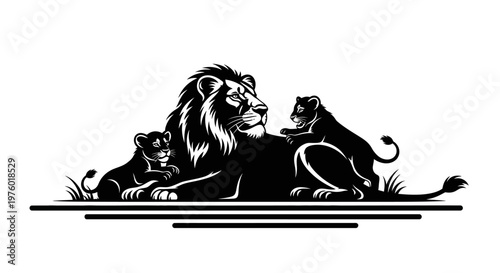 Majestic Lion with Cubs Black and White Illustration.