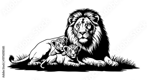 Majestic Lion with Cubs Black and White Illustration.