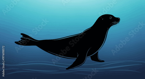 Silhouette of a seal swimming gracefully in the deep blue ocean waters.