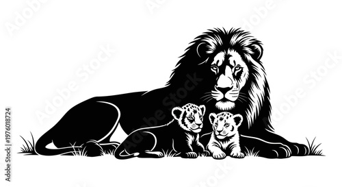 Majestic Lion with Two Adorable Cubs Resting Together.