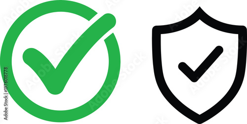 Dual security icons a vibrant green checkmark within a circle and a black shield with a checkmark