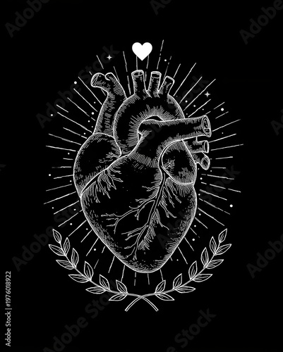 An illustrated anatomical heart with a floral design and a symbol of love on black background