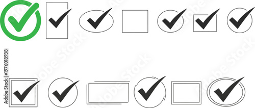 Collection of checkmark icons in various shapes and styles representing completion and validation